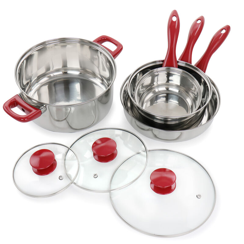Gibson Home Crawson 7 Piece Stainless Steel Cookware Set in Chrome with Red Handles