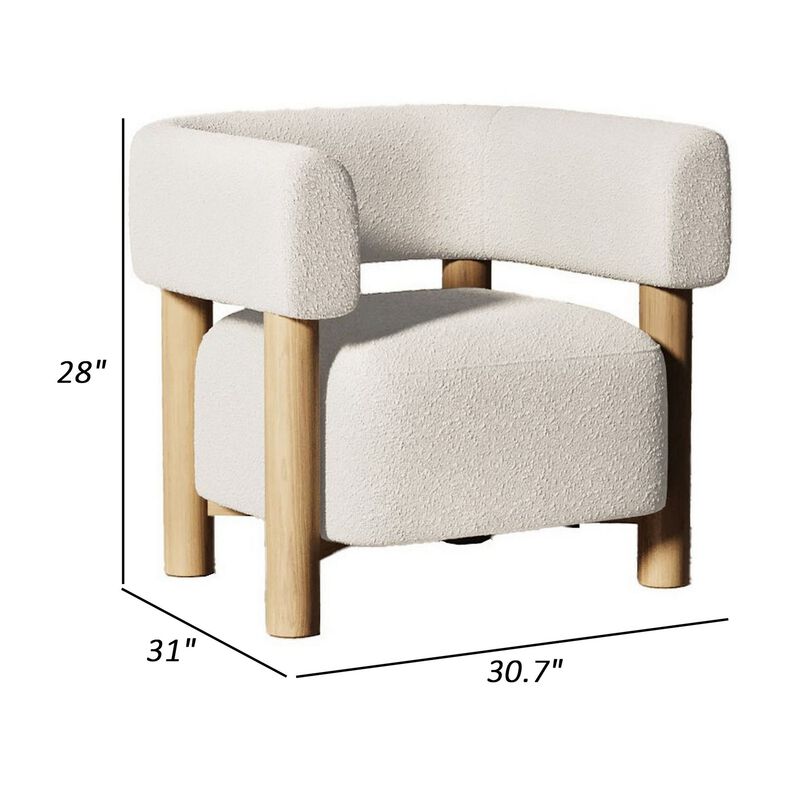 31 Inch Accent Chair, Modern Brown Wood Frame, White Fabric Upholstery - Benzara