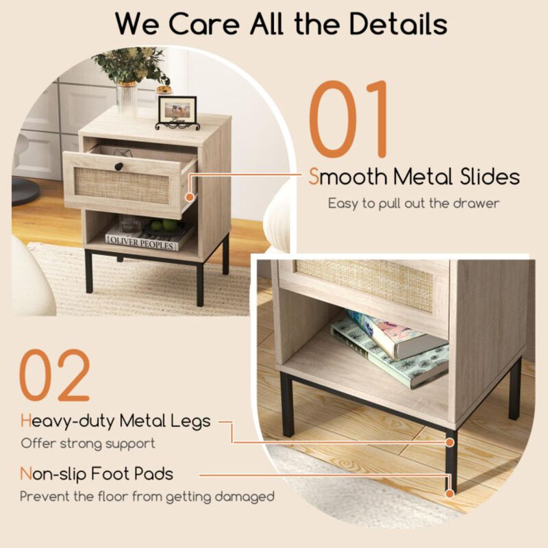 Hivvago Rattan Nightstand Boho End Table with Rattan Drawer & Open Shelf