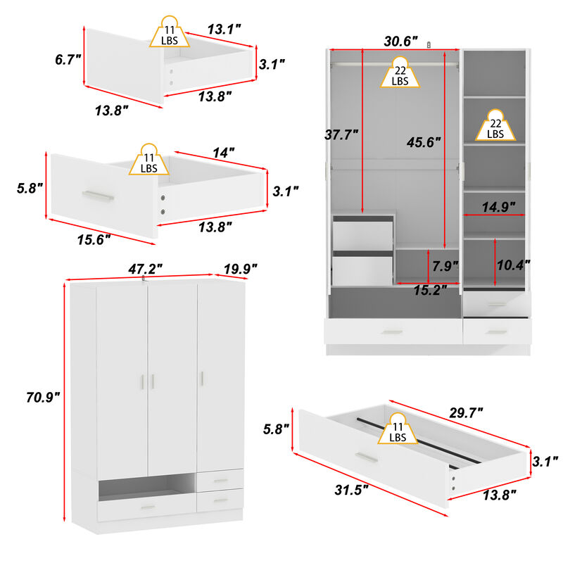 White Wood 47.2 in. W 3-Door Bedroom Armoire Wardrobe Closet Cabinet with Hanging Rod, Drawers, Shoe Rack