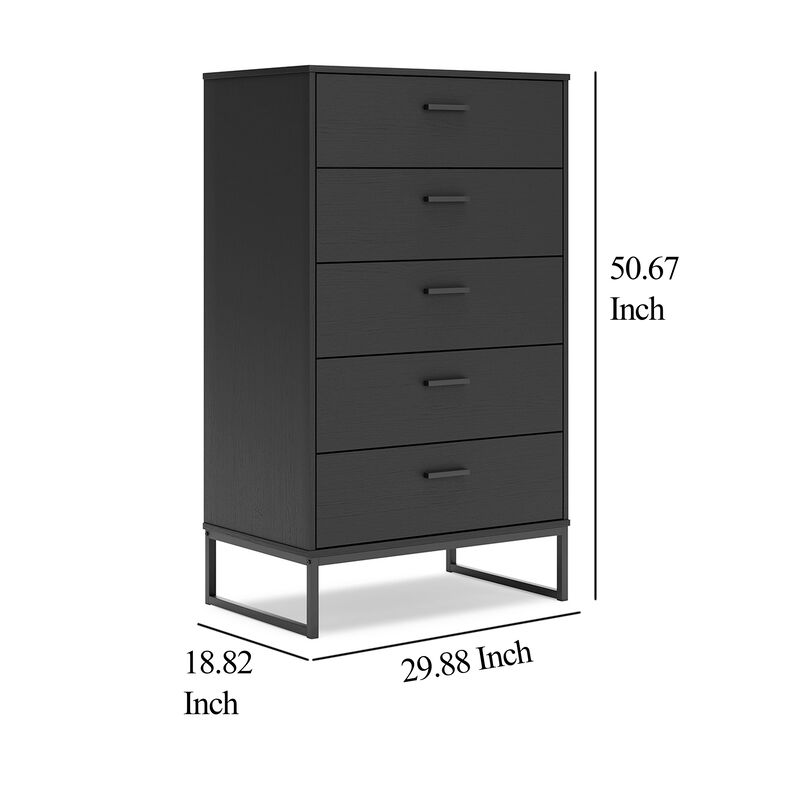 Alli Tall Dresser Chest, 5 Drawers, Matte Black, Metal Base, 51 Inch - Benzara