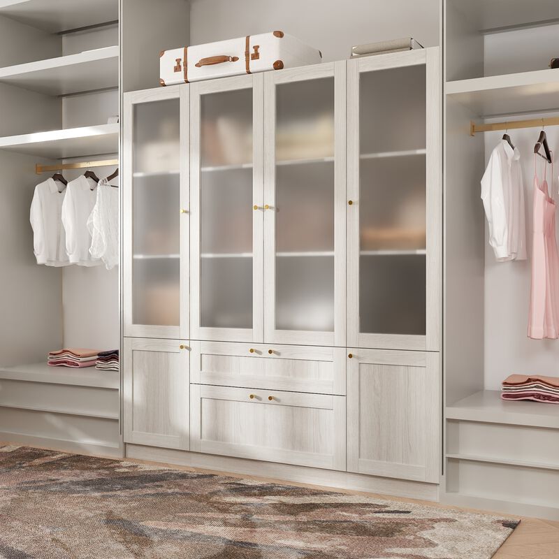FUFU&GAGA Modern Wood Grain Wardrobe with Adjustable Shelves and Lockable Drawers (63" W x 70.9" H x 15.7" D), Glass Doors and Brass Pull Handles