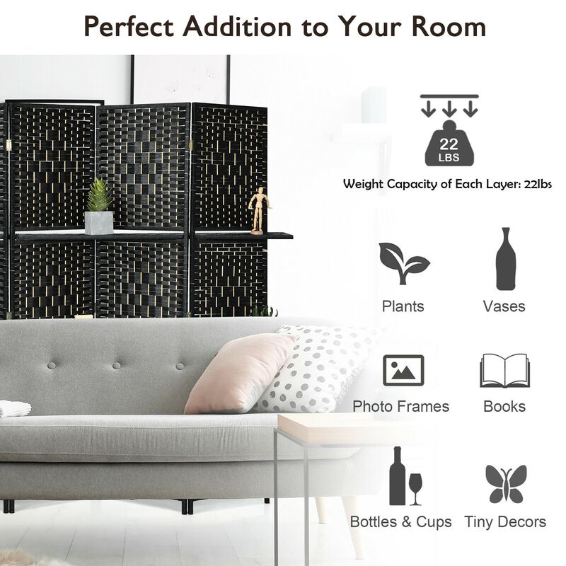 6 Panel Folding Weave Fiber Room Divider With 2 Display Shelves
