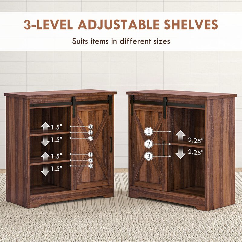 Brown Farmhouse Buffet: Sliding Barn Door, Adjustable Shelf
