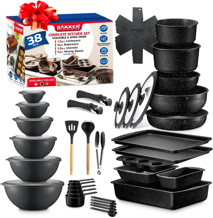 Bakken Master 38 Piece Granite Cookware and Bakeware Set – Nonstick Granite Coating, Pots and Pans with Detachable Handles and Tempered Glass Lids, 6-piece Bakeware set, 12-piece Mixing Bowls