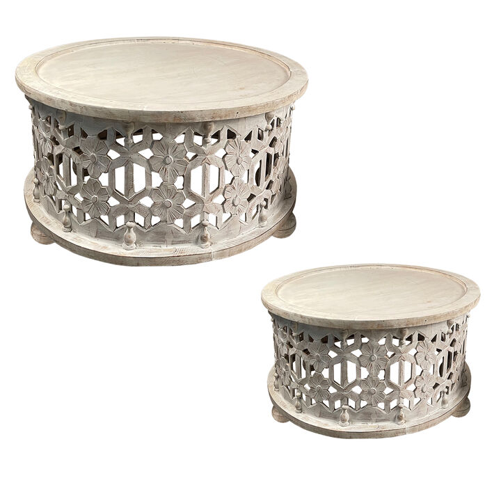 30 Inch Round 2 Piece Wood Coffee Table Set, Carved Floral Design, Antique White-Benzara