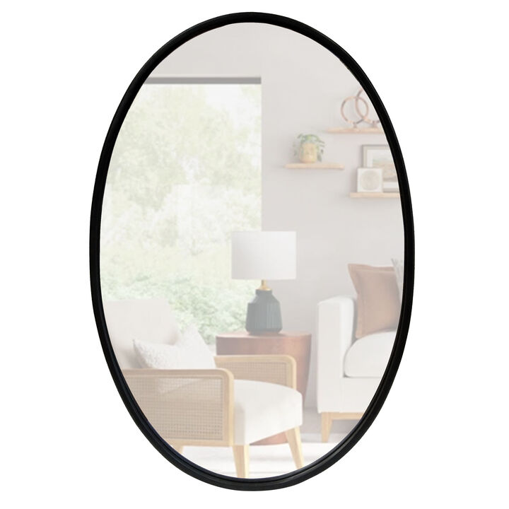 Oval Metal Wall Mirror with Framed Edges and Wooden Backing, Black-Benzara