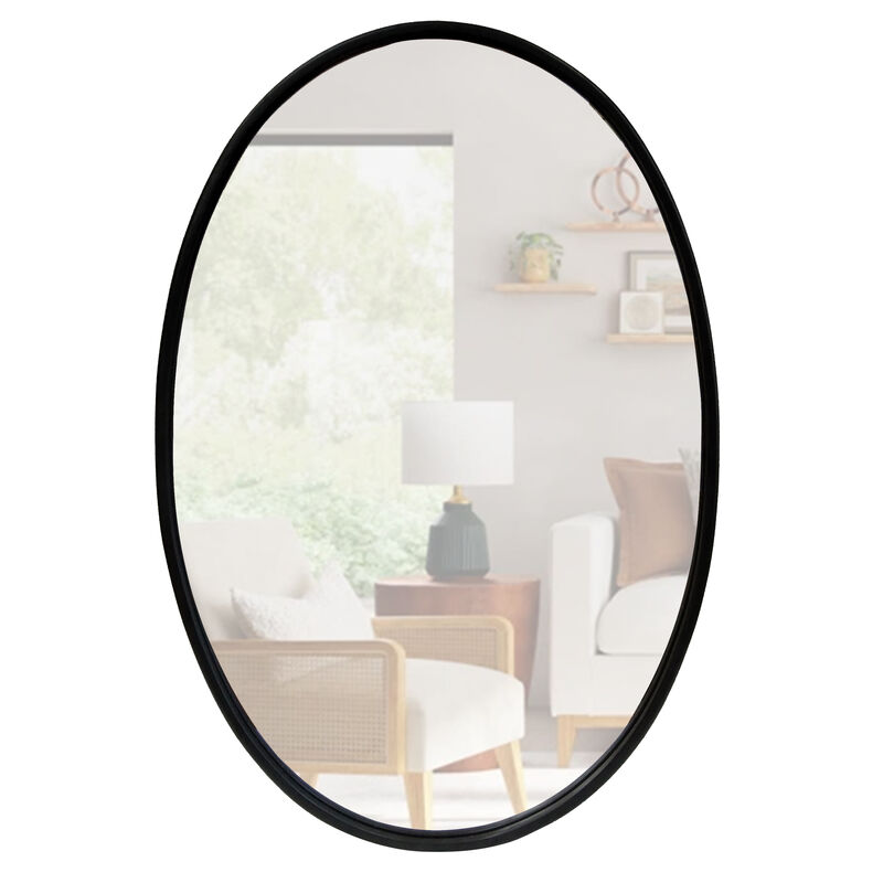 Oval Metal Wall Mirror with Framed Edges and Wooden Backing, Black-Benzara