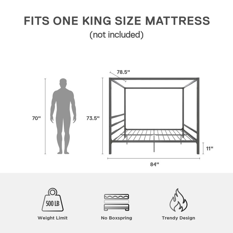 Modern Canopy Metal Bed, King, Gray
