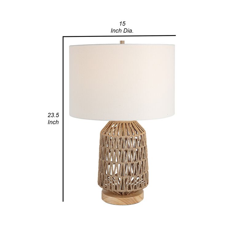 24 Inch Table Lamp, Brown Woven Rope, Linen Shade, Wood Base, Off White - Benzara