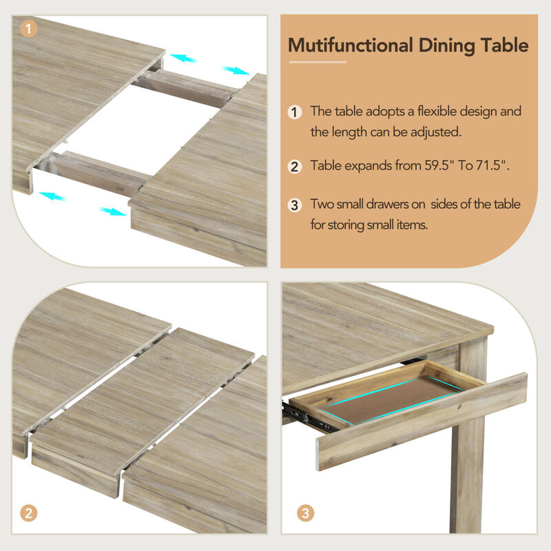 7-Piece Wooden Dining Table Set Mutifunctional Extendable Table With 12" Leaf And 2 Drawers