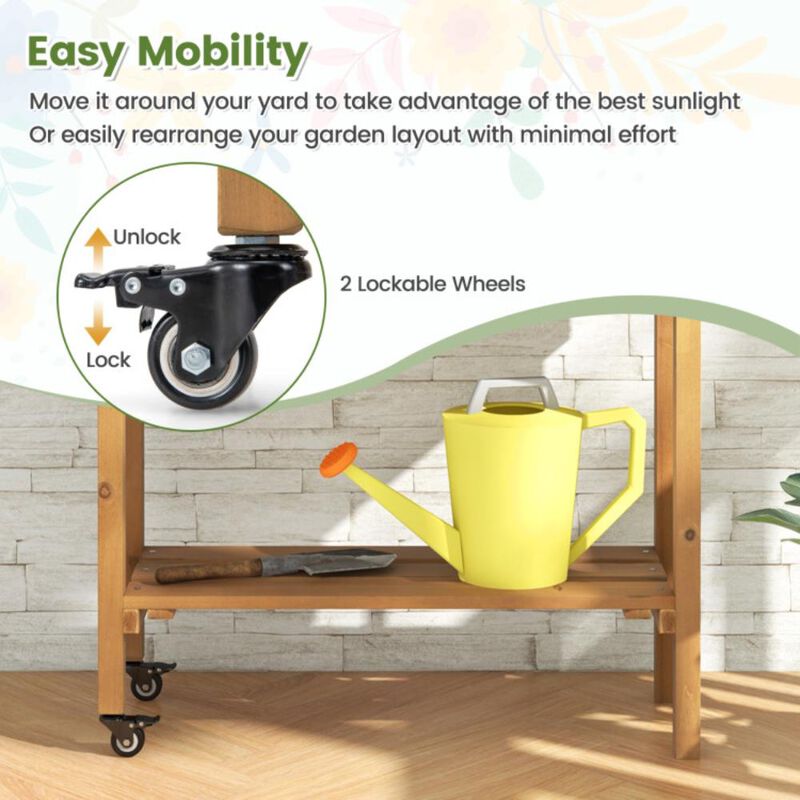 Hivvago Wooden Rolling Raised Garden Bed with Trellis and Storage Shelf