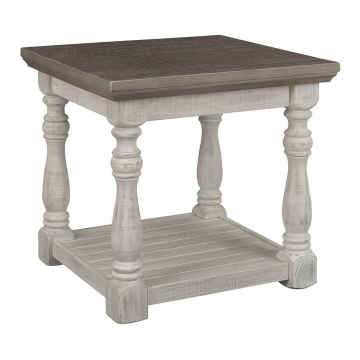 Plank Style End Table with Turned Legs and Open Shelf, White and Gray-Benzara