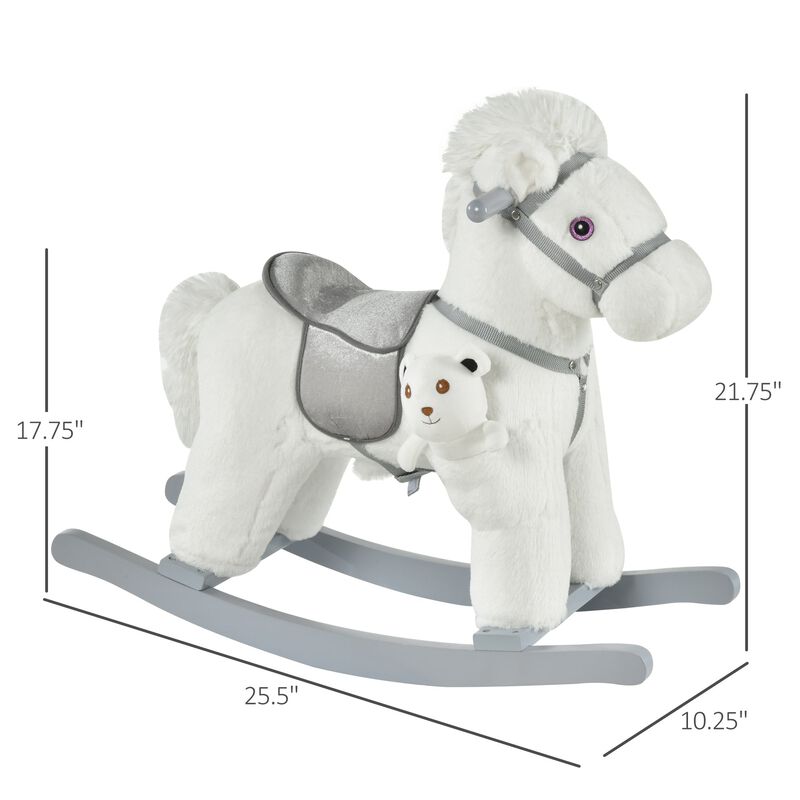 White Plush Pony: Rocking Horse with Bear Toy for Kids