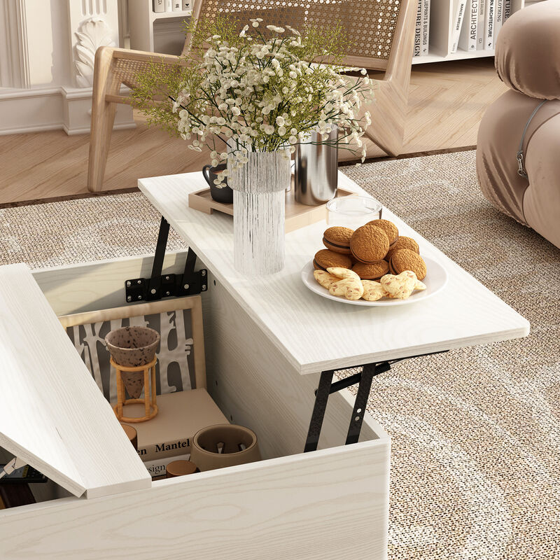 FUFU&GAGA Modern White Wood Grain Round Coffee Table with Lift-up Top and Arc-Shaped Sides (35.4" W x 35.4" D x 18.5" H), White