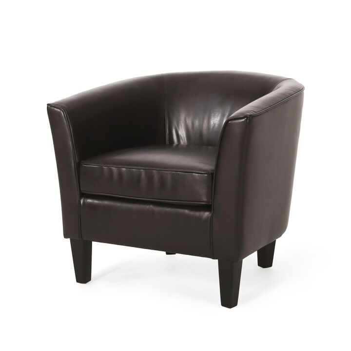 Accent Club Chair, Curved Round Back, Birch Wood, Rich Brown Faux Leather