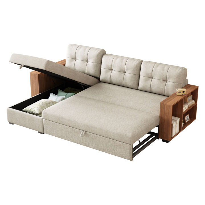 Merax Upholstered Pull Out Sectional Sofa with Storage Chaise
