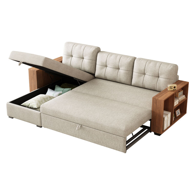 Merax Upholstered Pull Out Sectional Sofa with Storage Chaise