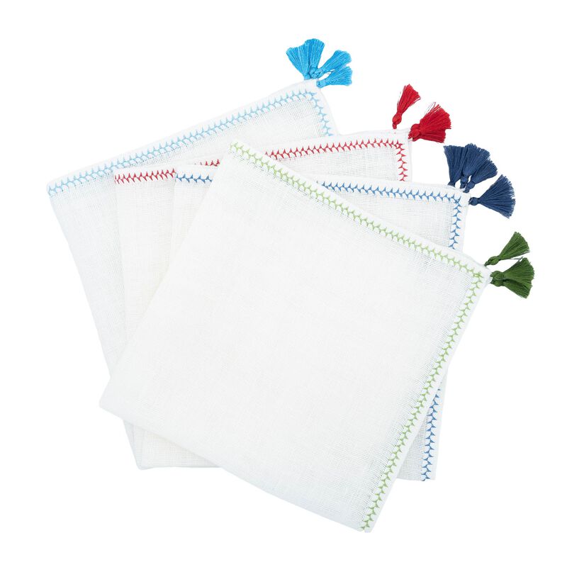 Linen Napkins With Blue Tassels, Set of 4