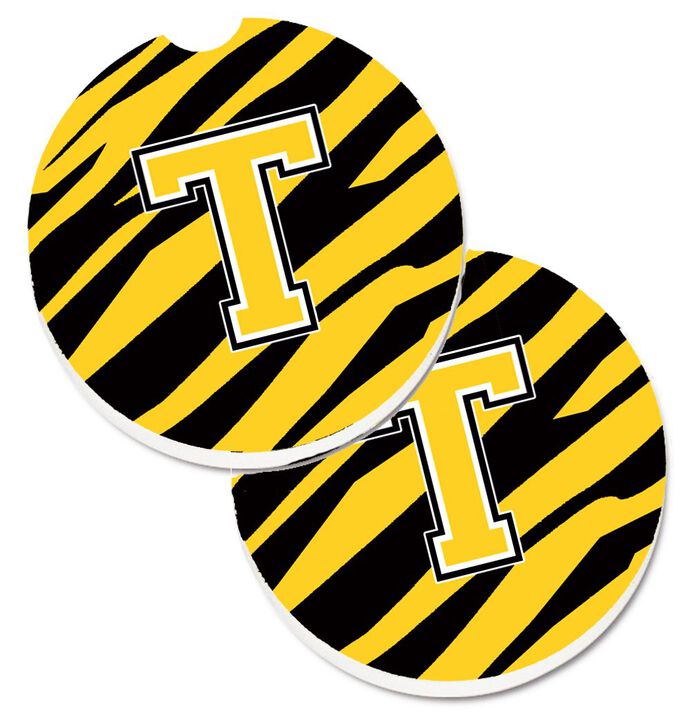Caroline's Treasures Monogram Initial T Tiger Stripe - black Gold Set of 2 Cup Holder Car Coasters CJ1026-TCARC, 2.56, Multicolor