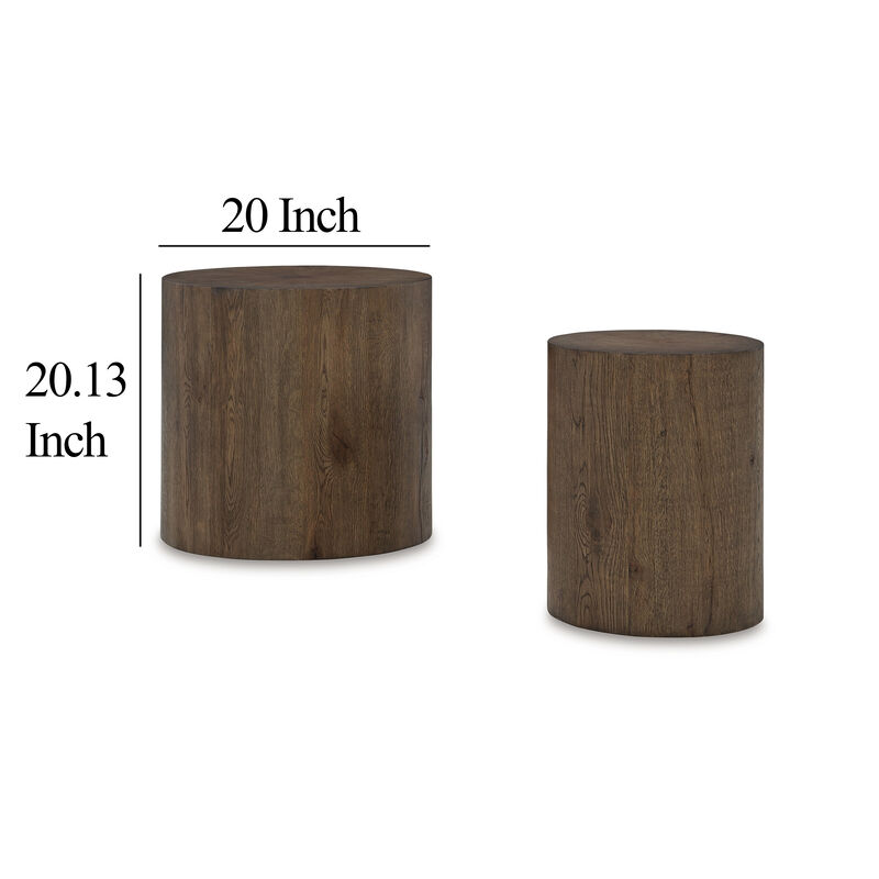 Accent Table Set of 2, Farmhouse Wood Log Shape, Rich Oak Brown Finish - Benzara