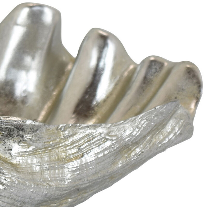 Coastal Seashell Decorative Bowl, Textured Chrome Silver Resin 19 Inch - Benzara