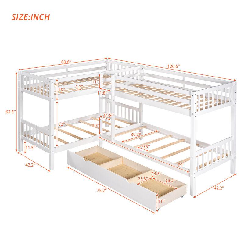 Twin L-Shaped Bunk Bed With Drawers