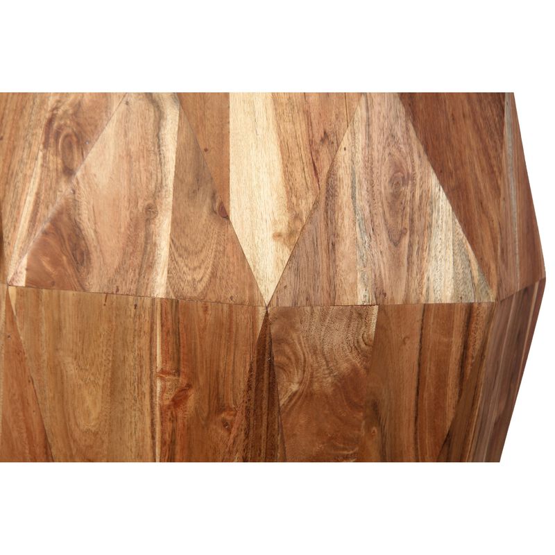 Bon 22 Inch Artisanal End Side Table, Multifaceted Solid Acacia Wood, Octagon Top, Natural Brown-Benzara