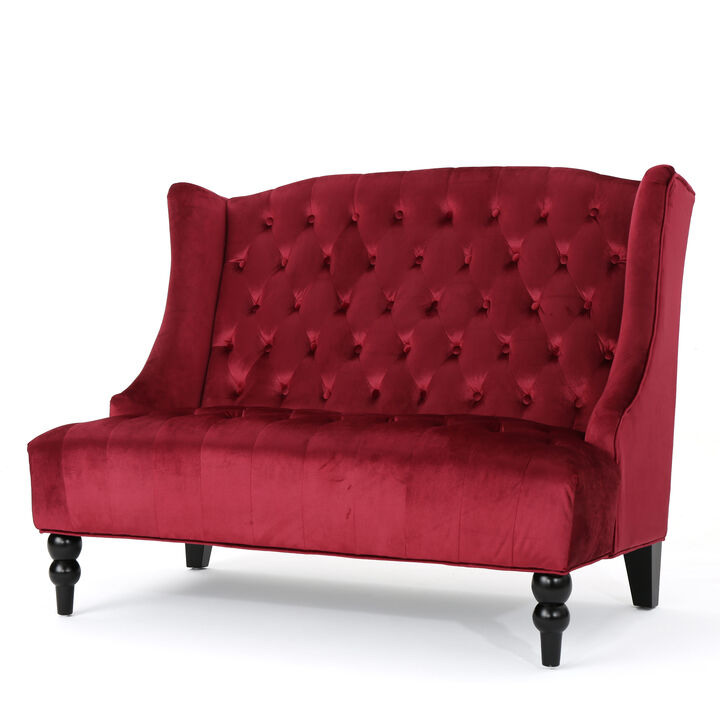 Lanny Loveseat Settee Wingback Bench Bench 50 Inch Tufted Wine Red Velvet - Benzara