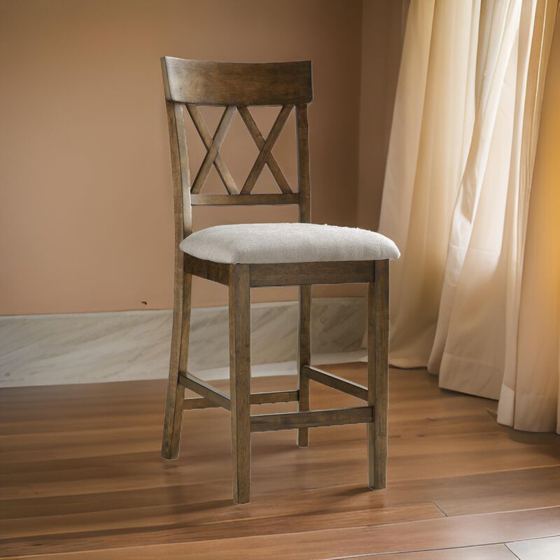 Carl 26 Inch Counter Height Chair, Polyester Seat, X Back, Brown, Set of 2 - Benzara
