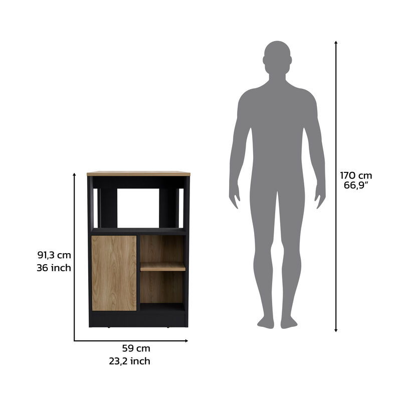 DEPOT E-SHOP Masset Kitchen Island 36" H with Side Shelves and Push-to-Open Cabinet, Black / Natural Oak