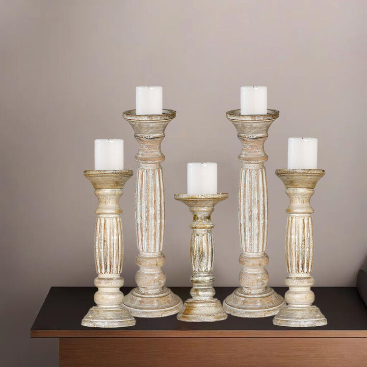 Traditional Antique White Eco-friendly Handmade Mango Wood Set Of Five 15",12",9",12" & 15" Pillar Candle Holder