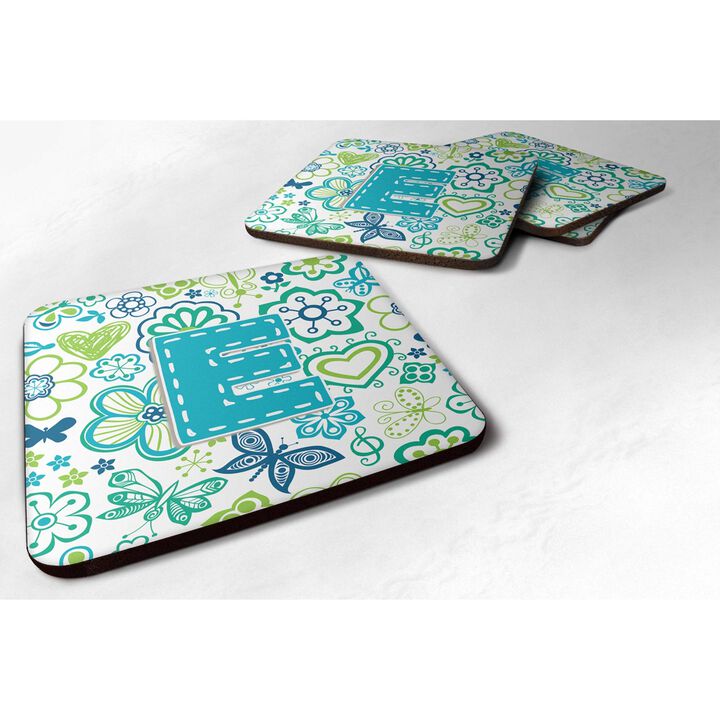Caroline's Treasures CJ2006-EFC Letter E Flowers and Butterflies Teal Blue Foam Coasters (Set of 4), 3.5, Multicolor