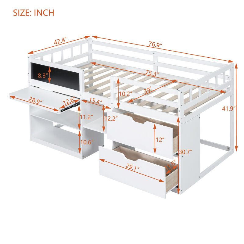 Merax Low Loft Bed with Rolling Desk and Drawers