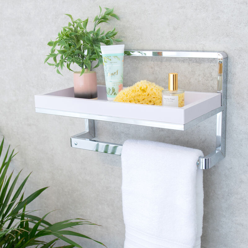 Wall Mounted Chrome Towel Rack and Wall Shelf with Removable White Tray