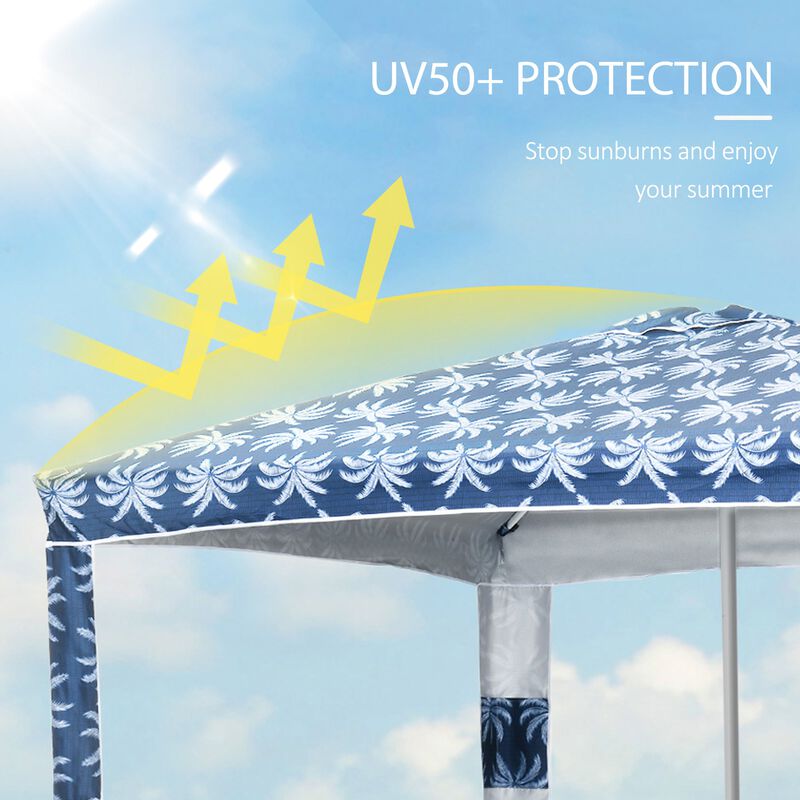 Blue Coconut Palm Cabana: 6.5' Quick Beach Umbrella, UV50+ Sun-Shade with Sandbags