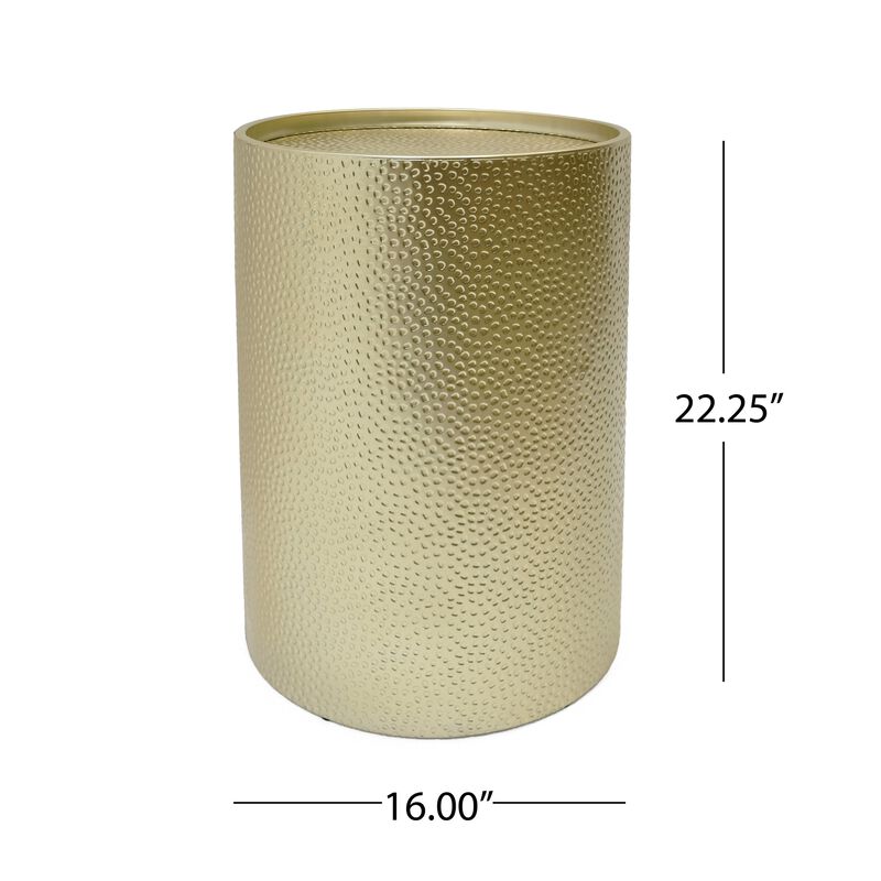 Bet Side End Table Set of 2, 16 Inch Round Tray, Modern Hammered Gold - Benzara
