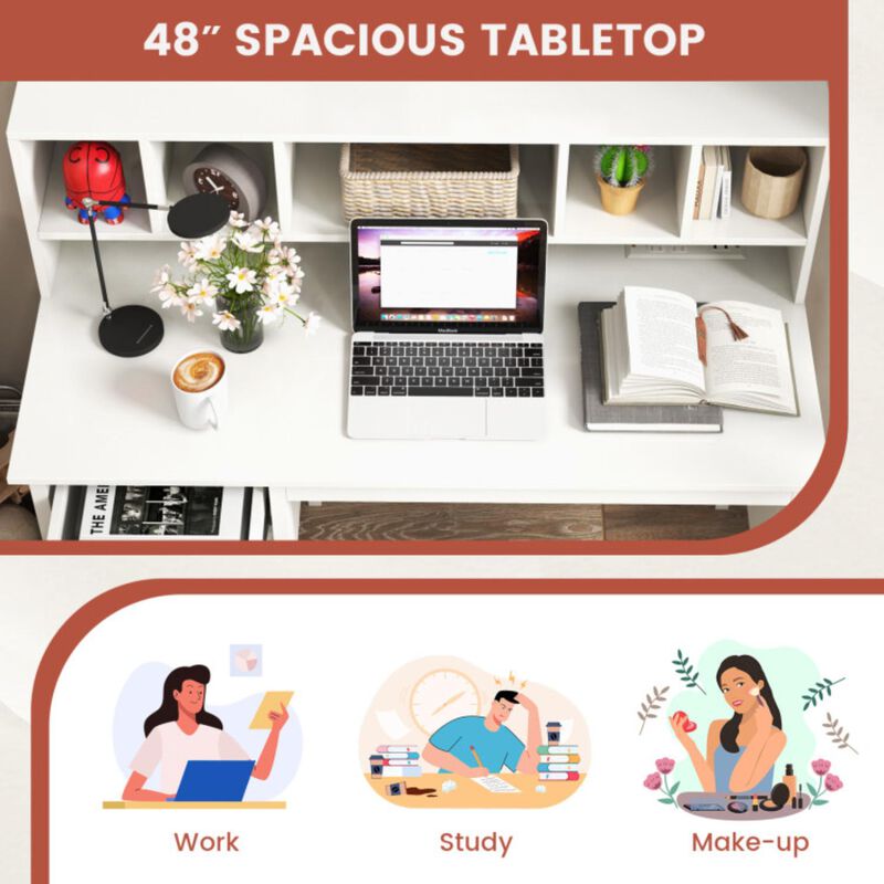 Hivvago 48 Inch Computer Desk with Drawers Power Outlets and 5-Cubby Hutch