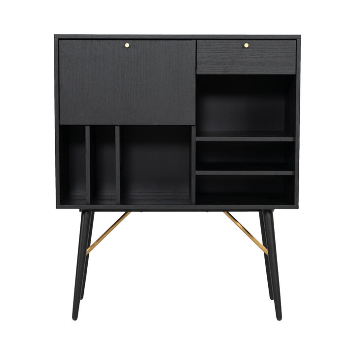 Belo Accent Buffet Sideboard, 6 Shelves, Gold Accent, Black, 42 Inch - Benzara