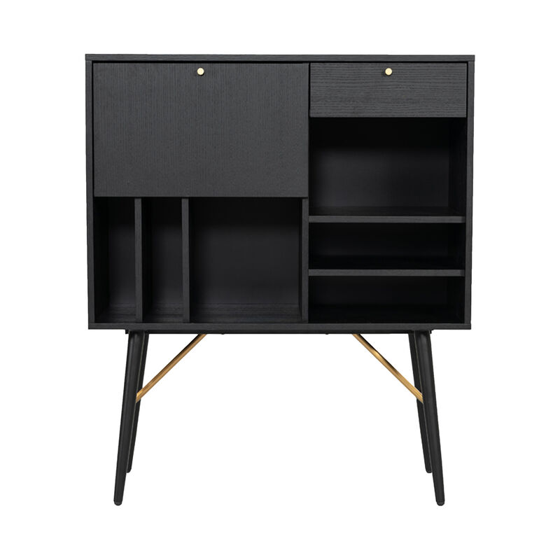 Belo Accent Buffet Sideboard, 6 Shelves, Gold Accent, Black, 42 Inch - Benzara