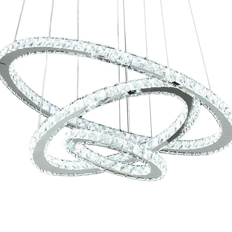 12-47 Inch Adjustable Chandelier, Offset Circle Design Silver Chrome Finish-Benzara