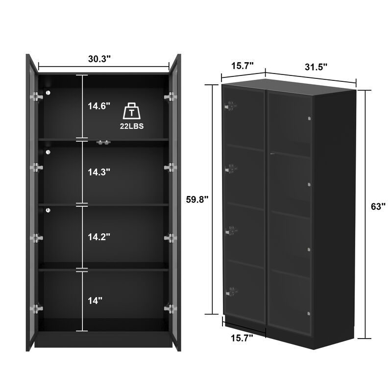 Black Wood Storage Cabinet Display Cabinet With Tempered Glass Doors, 3-Color LED Lights and Aluminum Framed