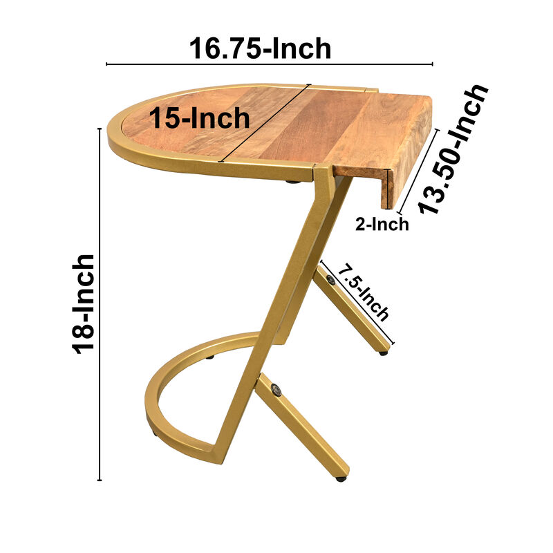 17 Inch Side End C Table, Natural Mango Wood Top with Drop Edge, Iron Gold Angled Frame - Benzara