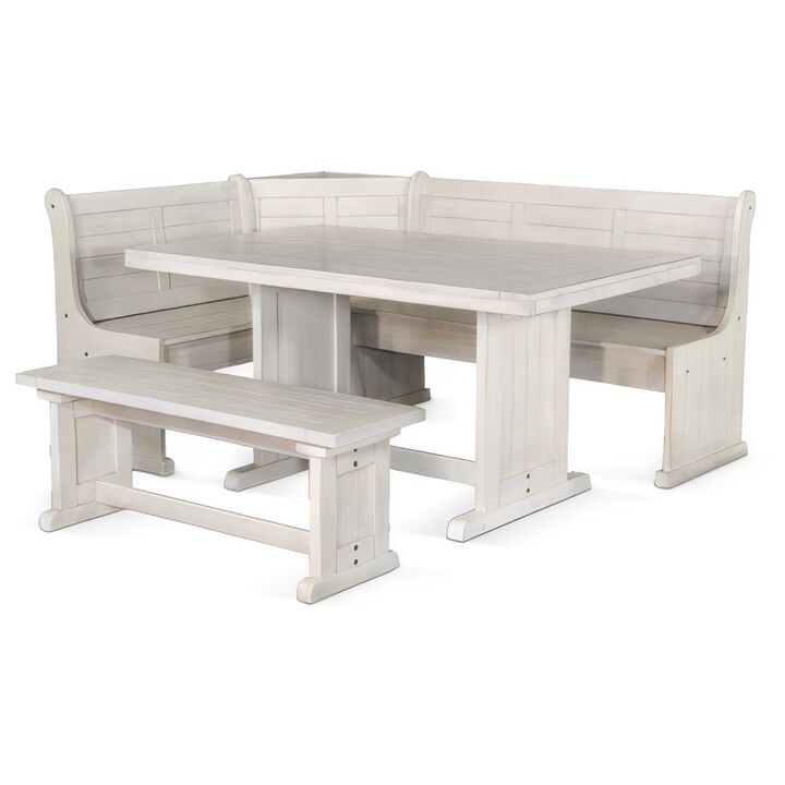 Sime 4pc Breakfast Nook Set, Dining Table and Corner Bench, White - Benzara