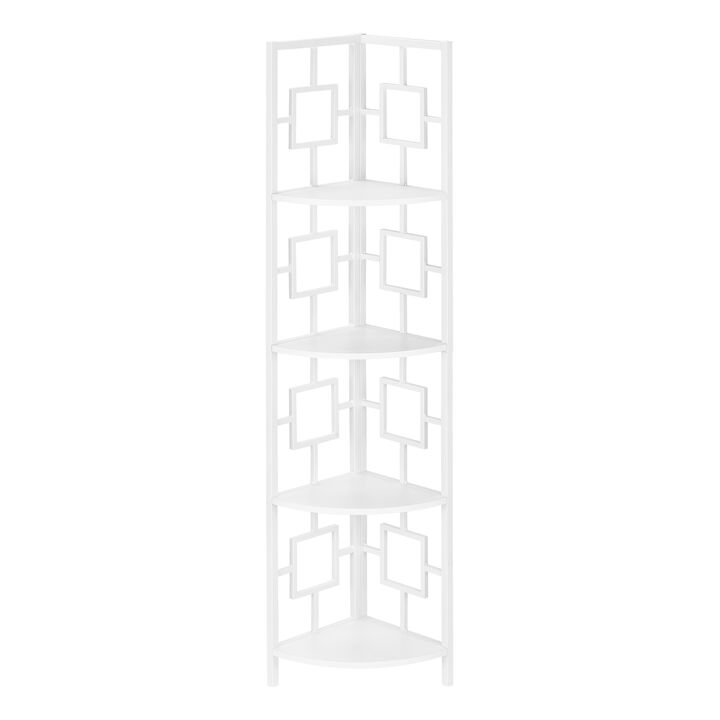 Monarch Specialties I 3613 Bookshelf, Bookcase, Etagere, Corner, 4 Tier, 62"H, Office, Bedroom, Metal, Laminate, White, Contemporary, Modern
