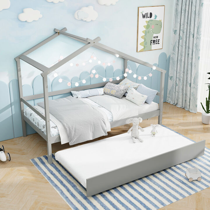 Kids Twin Size House Bed with Trundle and Roof Fun and Functional Sleep Space