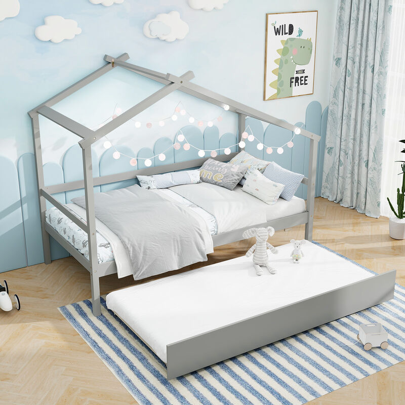 Kids Twin Size House Bed with Trundle and Roof Fun and Functional Sleep Space