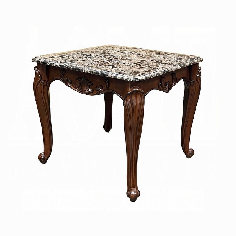 Aliya Side End Table, Rectangular 28 Inch Marble, Cherry Brown Wood - Benzara
