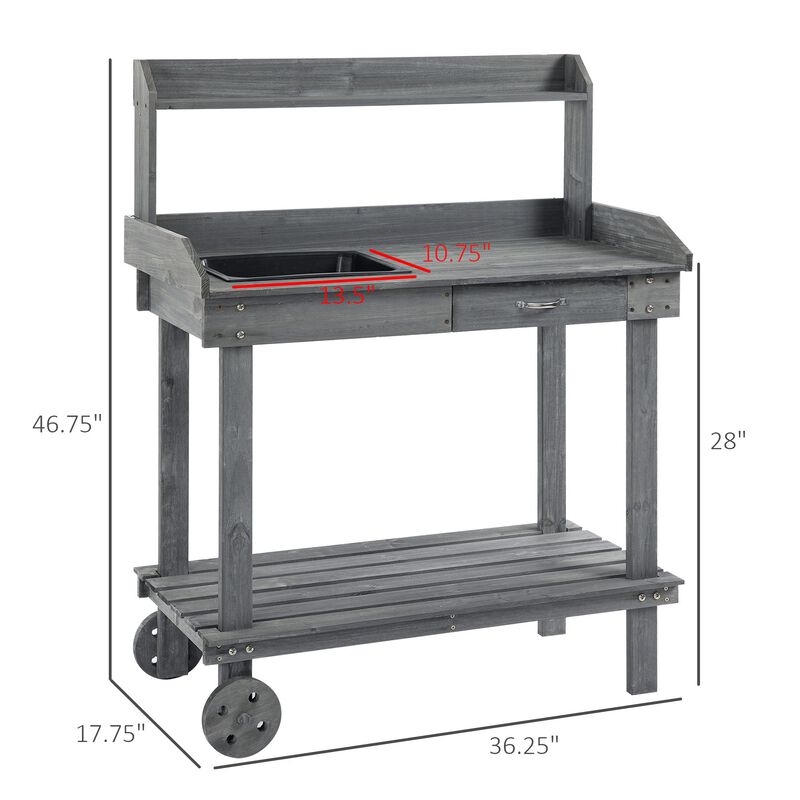 Gray Mobile Garden Aid: Potting Bench with Wheels, Sink, and Storage