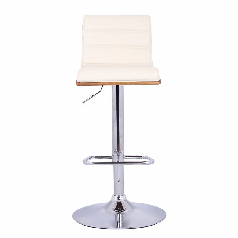 Wooden Support Faux Leather Barstool with Pedestal Base, Cream and Chrome-Benzara